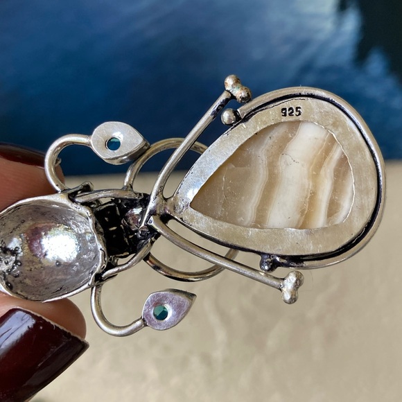 yellow white stripped agate & blue aquamarine stones skull boho goth necklace . - Picture 6 of 12